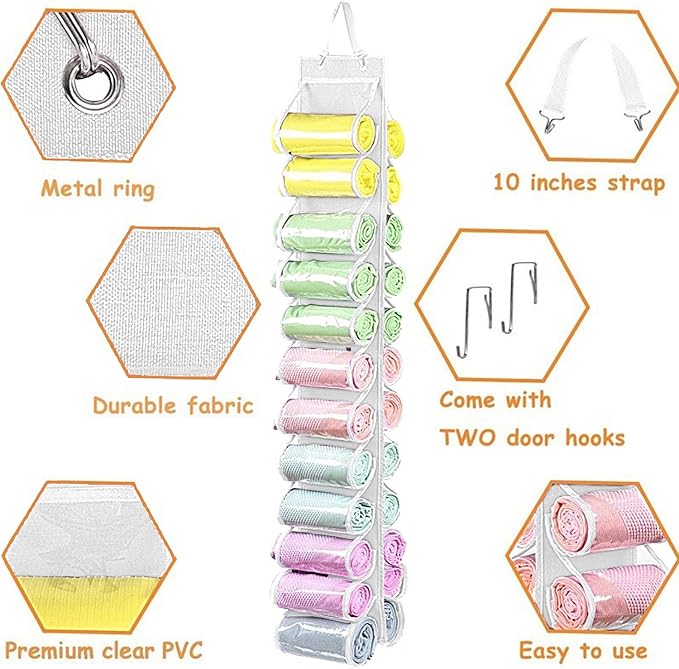 Legging Storage Bag Hanger - Can Hold 24 Leggings, Shirts or Jeans - Foldable Clothes Organizer, Portable Closet Roll Holder 