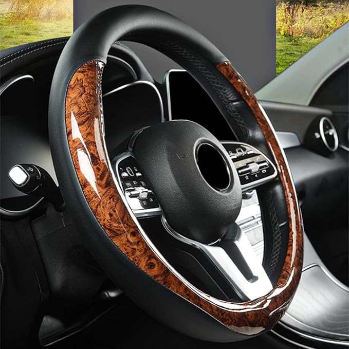 Wood Grain Steering Wheel Cover Microfiber Leather Breathable Anti Slip Universal Protector 14.5-15 inch Car Interior Accesso