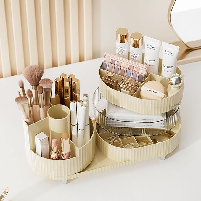 Ivory Rotating Vanity Organizer with Drawer & Brush Holder - 3 Layer Cosmetic Skincare & Perfume Storage - Countertop Makeup 