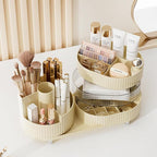 Ivory Rotating Vanity Organizer with Drawer & Brush Holder - 3 Layer Cosmetic Skincare & Perfume Storage - Countertop Makeup 