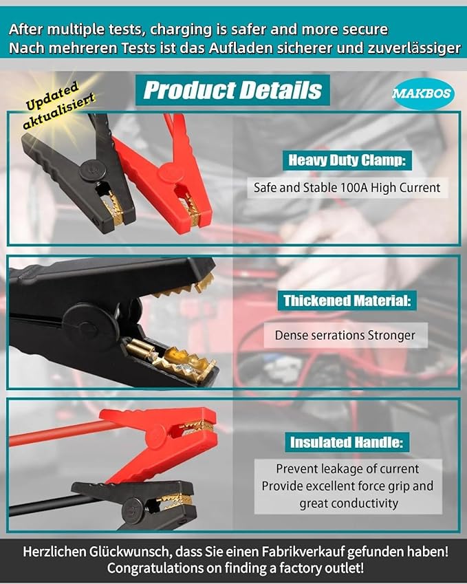 Jumper Cables Adapter for Makita18V Battery Jump Car Starter,12V Portable Jump Car Starter Battery,Automotive Booster Cable Adapter,Up to 3.5L Gas or 6.5L Diesel Engines(Battery not Included)