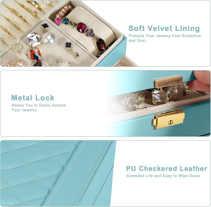 2-Layer Jewelry Box for Women, Jewelry Organizers and Storage with Removable Jewelry Tray, Vintage Quilted Top Lockable Jewel