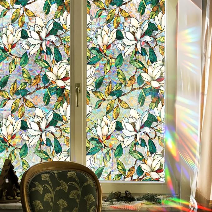 Retro Flower Window Privacy Film,Stained Glass Decals White Mangnolia Privacy Rainbow Decals Living Room Sun Blocking Decor Removable Static Cling Stickers,16.93x39.37inch