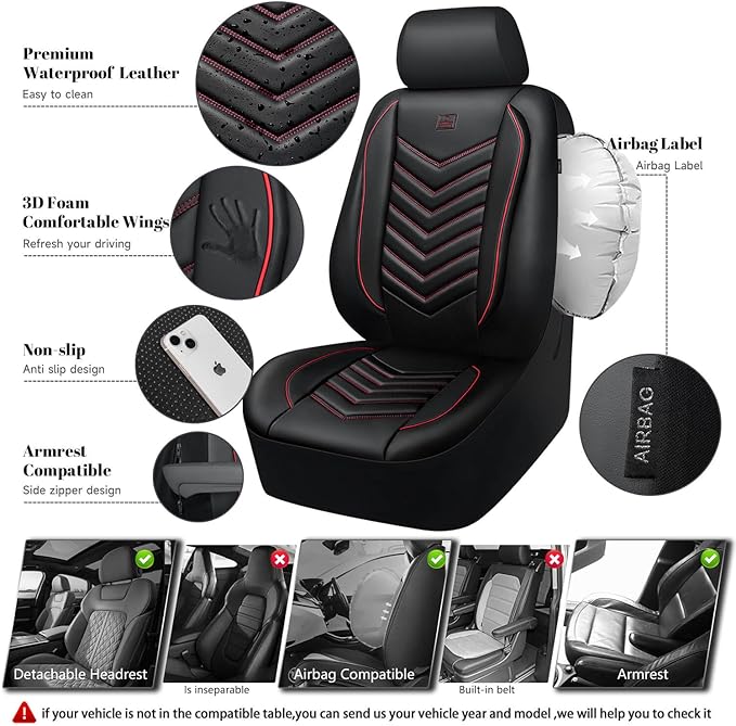 CAR PASS 3D Foam Faux Leather Car Seat Covers Full Set, Red Waterproof Leather Seat Cover for Cars,Luxury Universal Fit for S