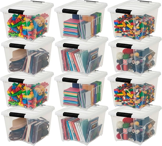 IRIS USA 19 Qt Stackable Plastic Storage Bins with Lids, 12 Pack - BPA-Free, Made in USA - See-Through Organizing Solution, L