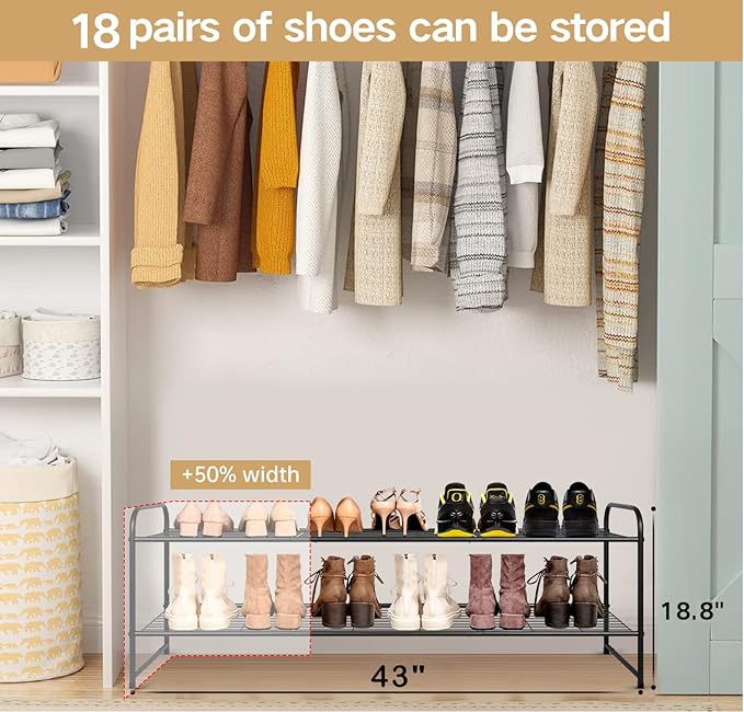 KEETDY 2-Tier Long Shoe Rack for Closet Metal Shoe Organizer for Entryway, Wide Stackable Shoe Storage Shelf with Sturdy Wire