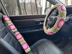 Crochet Sunflower Car Steering Wheel Covers Universal 14-15 inch for Women/Men (A:Wheel Cover+2 Belt Cover)