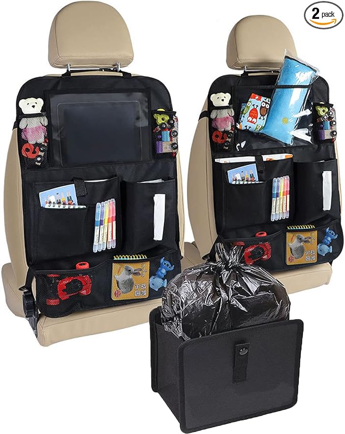 2 Pcs Large Size Car Backseat Organizer with 1 Pcs Trash Garbage Bag, Clear Screen Tablet Holder and 9 Storage Pockets,Foldable Seat Back Protectors for Toys Drinks Book ,Travel Accessories (Black)