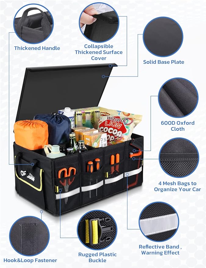 Oasser Car Trunk Organizer, 3 Compartments Collapsible Waterproof Car Organizer Storage with Foldable Cover, Reflective Strip,