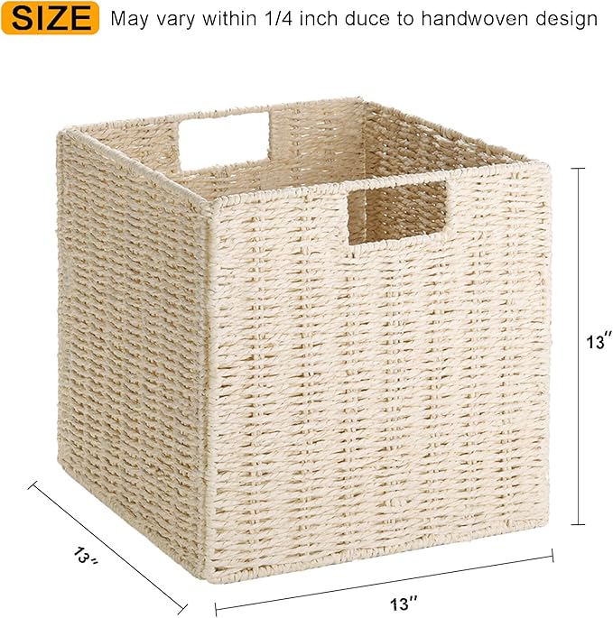 Vagusicc Wicker Storage Basket, Set of 2 Hand-Woven Paper Rope Wicker Baskets, Foldable Cube Storage Bins, Beige Storage Bask