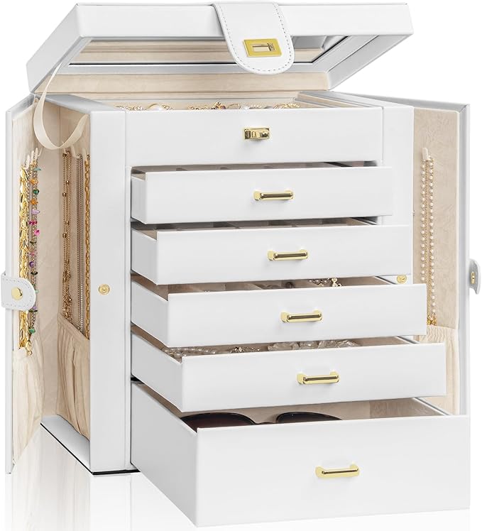 AKOZLIN Large Jewelry Box Organizer Functional with Big Mirror, Leather Jewelry Storage Case for Women Girls Ring Necklace Ea
