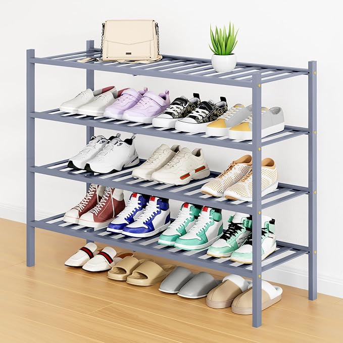 Smiry Shoe Rack, 4 Tier Long Bamboo Shoe Organizer, Stackable Free Standing Wooden Shoe Storage Shelf for Closet, Entryway, F