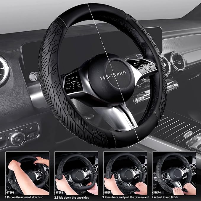 CAR PASS Leather Rubber Steering Wheel Covers Set,Heavy Duty Steering Wheel Covers&Mobile Phone Holder, Tire Tread Pattern Design,Non-Slip Wear-Resistant,Suitable for Steering Wheel 14 1/2”-15”Black