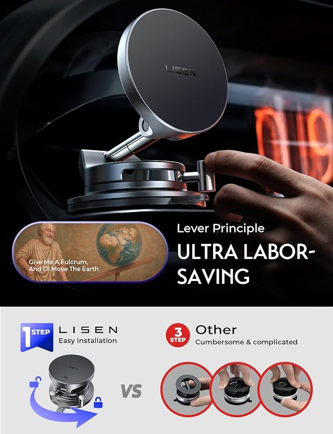 LISEN 15W Magsafe Car Mount Charger, Magnetic Wireless Car Charger, Suction Phone Mount, Vacuum Magnetic Phone Holder for Car Mount for iPhone 17 Pro Max 16 15 14 13 12, Samsung S26/S25, Pixel 10 Pro