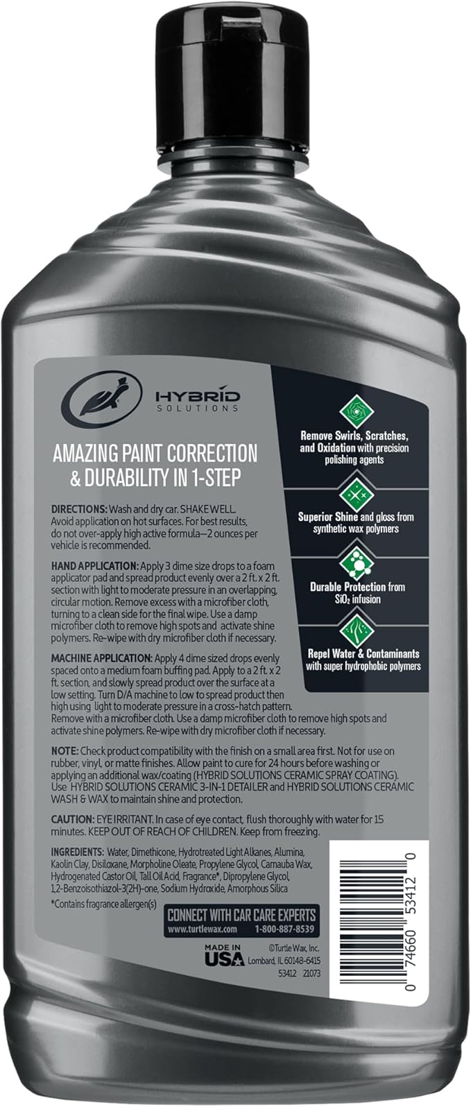 Turtle Wax Hybrid Solutions Ceramic Car Polish and Wax, Light Scratch Remover, Durable Paint Protection, Extreme Water Beading, High Gloss Shine, Hand or Machine Polisher Use, 14 oz (Pack of 6)