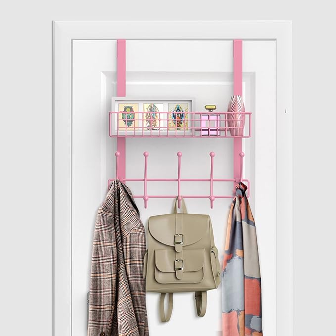 Coat Rack, Over The Door Hanger with Mesh Basket, Detachable Storage Shelf for Towels, Hats, Handbags, Coats (Pink)