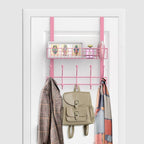 Coat Rack, Over The Door Hanger with Mesh Basket, Detachable Storage Shelf for Towels, Hats, Handbags, Coats (Pink)