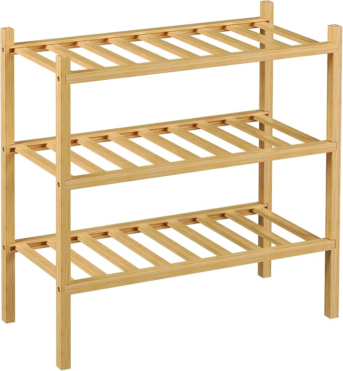 ROMGUAR CRAFT 3-Tier Bamboo Small Shoe Rack, Free Standing Wood Shoe Shelf Storage Organizer for Closet Entryway Stackable (N