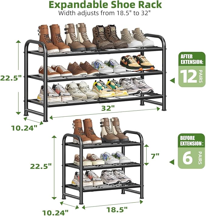 Simple Trending 3-Tier Expandable Shoe Rack, Stackable Shoe Shelf Storage, Metal Free Standing Shoe Organizer for Closet Entr