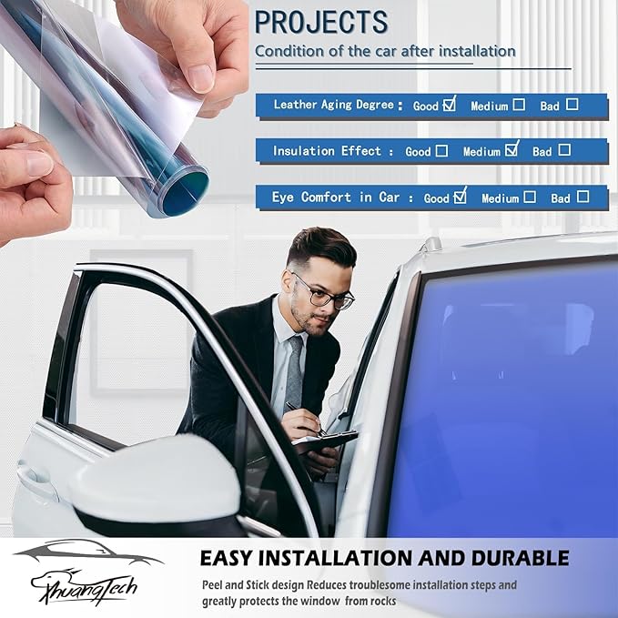 XhuangTech Car Tints for Window, 70% VLT Blue Window Tint for Cars, Front Windshield Tint UV Heat Blocking, One Way Privacy Window Film Chameleon Blue (59.84" in x 98.43‘ Ft)