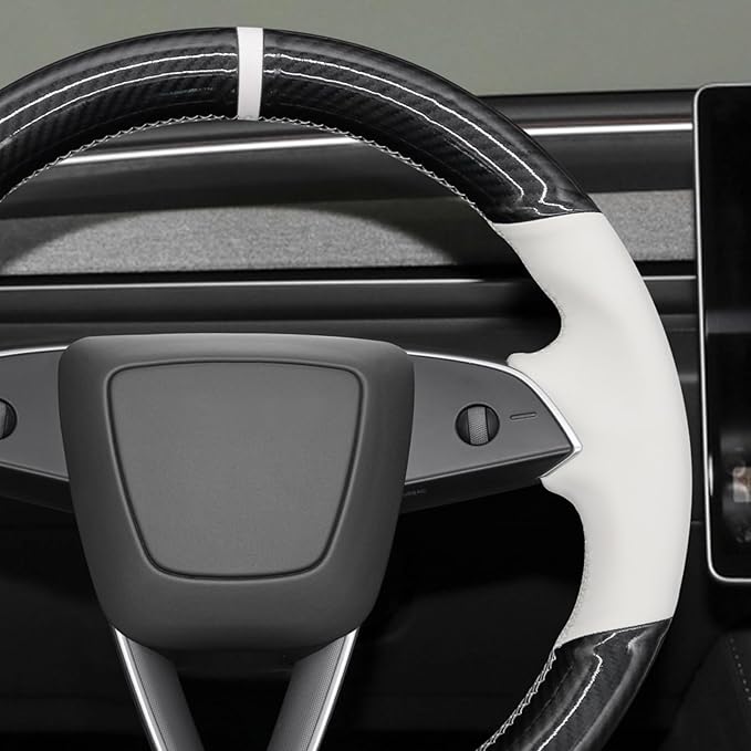 MEWANT Hand Stitched White Leather Steering Wheel Cover for Tesla Model 3 Highland 2023 2024 2025