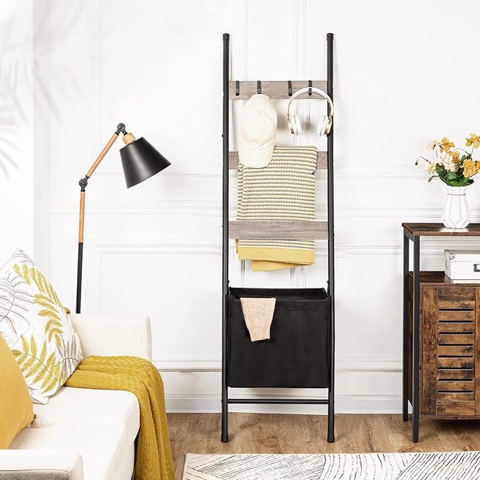 HOOBRO Blanket Ladder with Basket, 17.3”L x 63.4”H, Towel Rack with Hooks, Blanket Holder Rack, Decorative Ladder Shelf, Dryi
