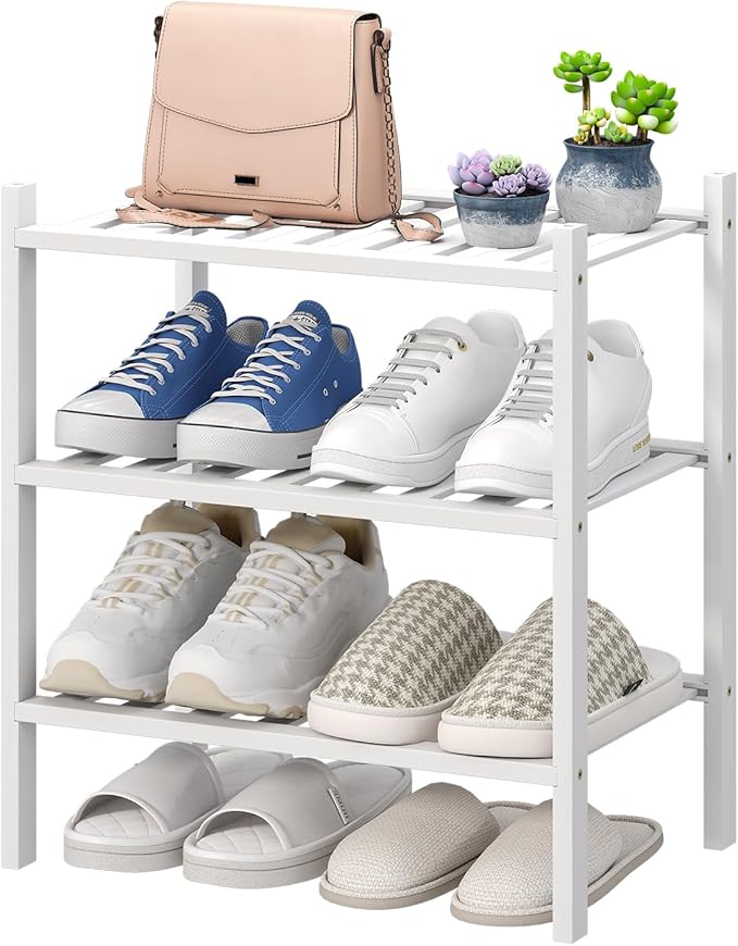 viewcare Small Shoe Rack for Entryway, White Shoe Organizer for Closet, Bamboo Wood Standing Shoe Shelf for Indoor Outdoor (W