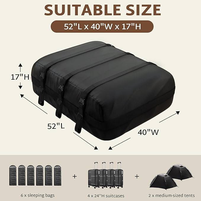 iBirdie Roof Rack Cargo Carrier 20.4 Cubic Feet, Soft-Shell Rooftop Cargo Box, Waterproof Heavy Duty 1200D for Car with/Without Roof Rack, Includes Anti-Slip Mat, Door Hooks, 52x40x17 inches