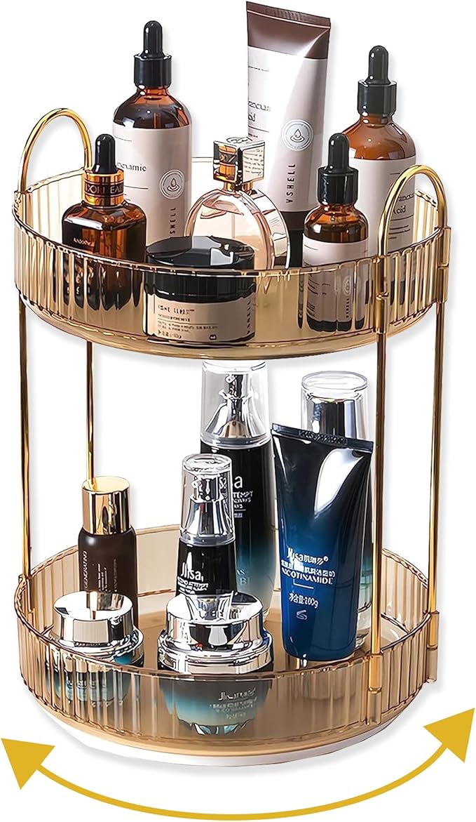 Asayuee 360 Rotating Gold Makeup Organizer,2 Tier Large Capacity Rotating Makeup Organizer,SkincarePerfume Organizer,Bathroom