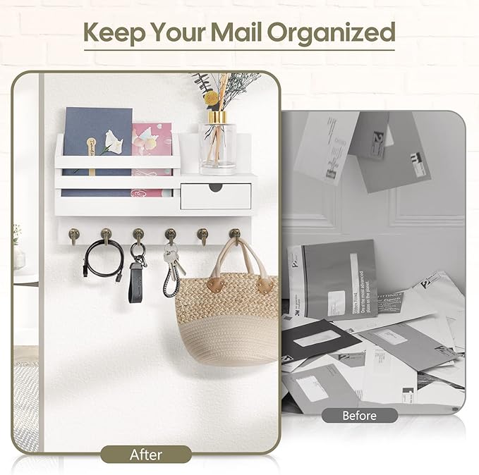 FifthQuarter Key Holder Wall Mount: Key and Mail Holder for Wall with 6 Hooks and Storage Drawer, Easy Installation Key Rack 
