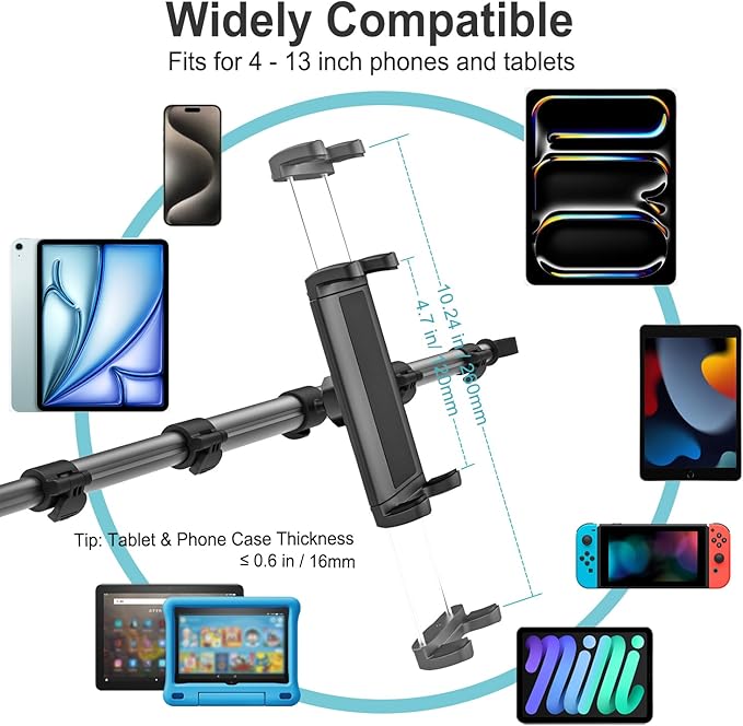 Car Headrest Tablet Holder, [Stretchable 32.67 inch Arm] Between Seat Tablet Mount for Car, Anti-Shake Backseat Phone Mount for Kids Fits iPad Pro 12.9 13 Air Mini, Galaxy Tabs, 4-13" Devices