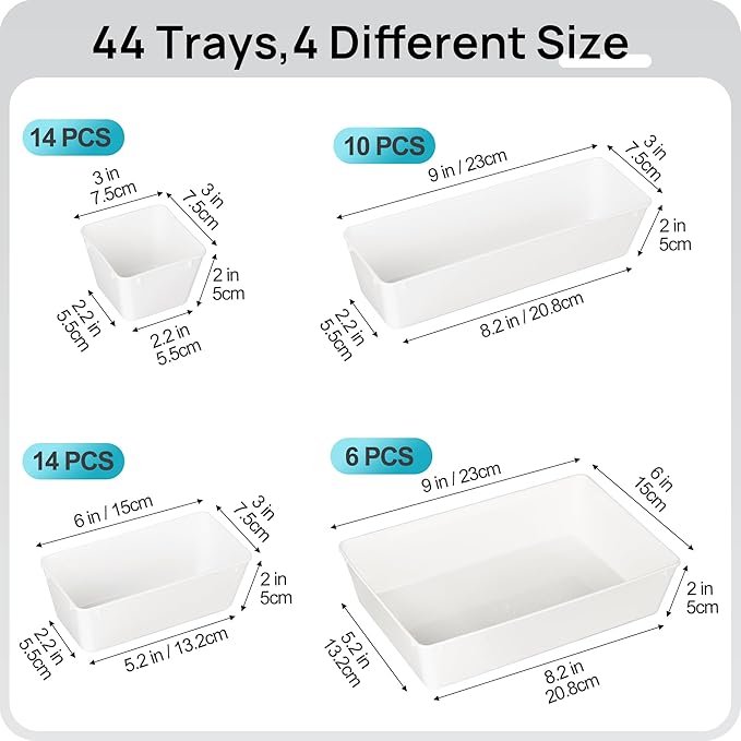 Vtopmart 44 PCS Plastic Drawer Organizers Set, 4-Size Versatile Bathroom and Vanity Organizer Trays, Non-Slip Storage Contain