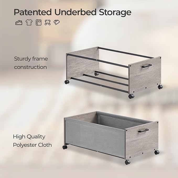 Under Bed Storage with Wheels, Wooden Under Bed Drawers On Wheels, Rolling Under Bed Shoe Storage, Space Saving,Grey,70L