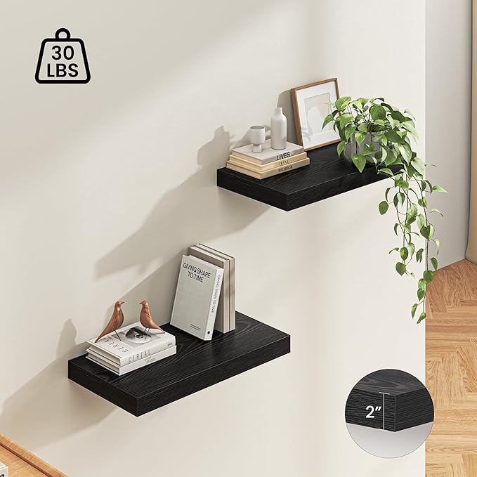 Dreamland 24" Floating Shelves for Wall, 12" Deep Thicker Black Floating Shelves, Wall-Mounted Shelves for Bedroom, Living Ro