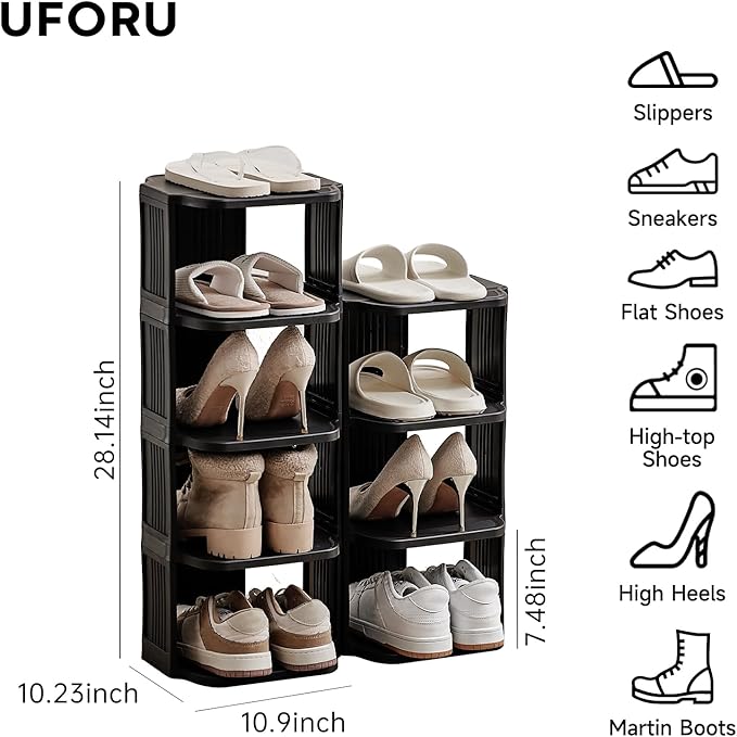 Vertical Shoe Rack, 9-Tier Plastic Stackable Storage Shelf for Small Closets and Narrow Spaces, Compact Free Standing Shoe Ra