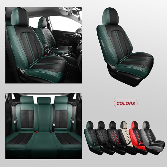 FREESOO Leather Car Seat Covers Full Set, Green Black Waterproof Seat Covers for Cars Trucks SUV, Luxury Front Car Seat Cover