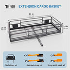 TUFFIOM 60"x24"x14" Folding Hitch Mount Cargo Carrier Basket, Upgraded 14" Height 500lbs Steel Car Cargo Trailer Hitch Luggage Rack with Straps & Stabilizer for SUV Car Truck Van