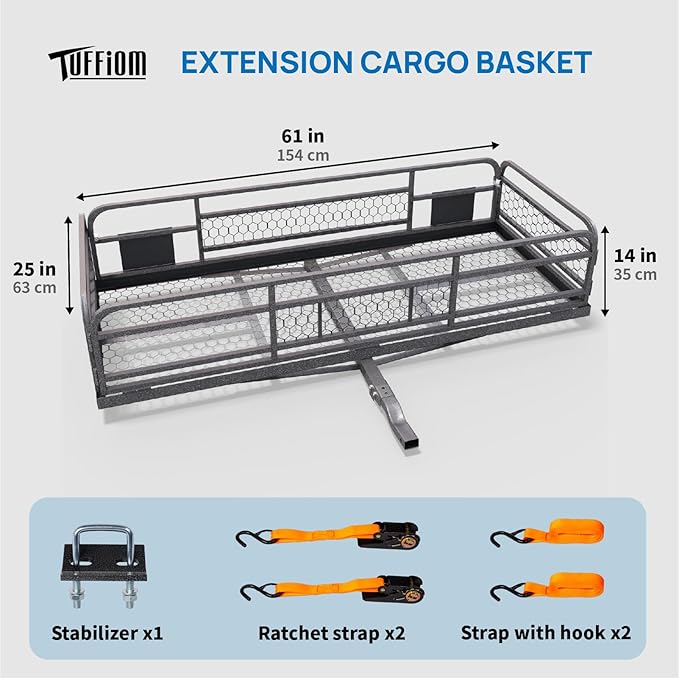 TUFFIOM 60"x24"x14" Folding Hitch Mount Cargo Carrier Basket, Upgraded 14" Height 500lbs Steel Car Cargo Trailer Hitch Luggage Rack with Straps & Stabilizer for SUV Car Truck Van