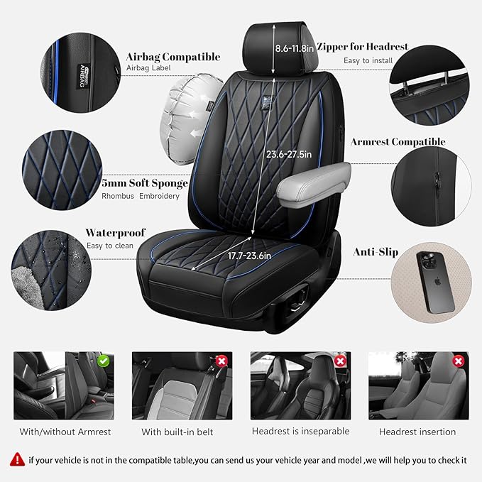 CAR PASS Luxury PU Leather Two Front Car Seat Covers, Waterproof Seat Covers Compatible with Front Seat Armrests, Airbag Comp