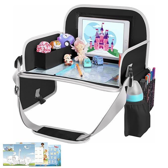 MENZOKE Kids Travel Tray for Toddler Car Seat, Toddler Gift for Boy Activities with Dry Erase Board & iPad Holder Stand, Road