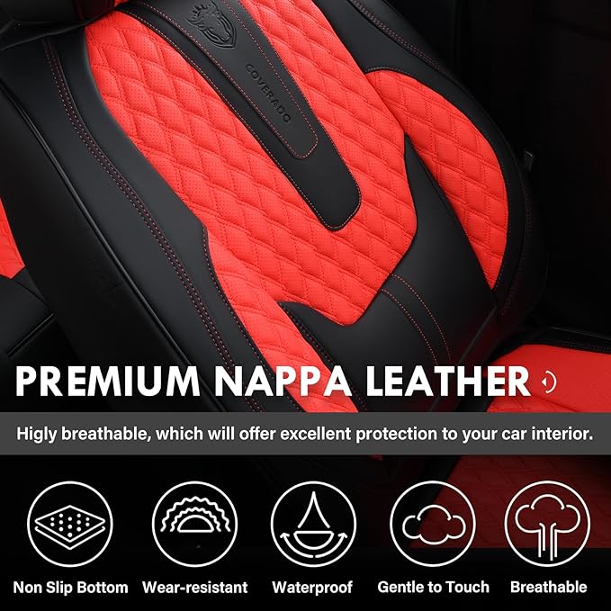 Coverado Car Seat Covers Full Set, 5 Seat Leather Seat Covers for Cars, Car Seat Protector with Lumbar Support, Waterproof Se