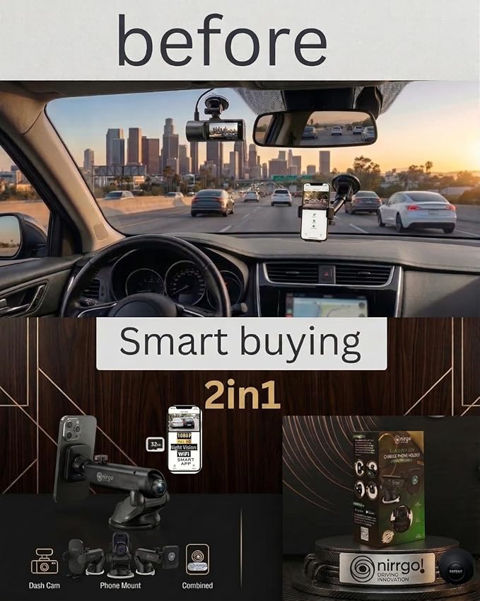 NIRRGO 2-in-1 Dash Cam & Car Phone Holder Mount Bonus-2 Mounting Options Included 1080P HD Loop Recording Dashcam smart App Control, Night Vision G-Sensor Clutter,Easy Setup 32GB SD Card Included