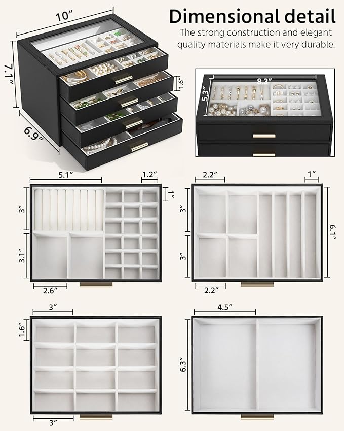 AKOZLIN Jewelry Box with Clear Lid Functional Leather Jewelry Storage Organizer Case 4 Drawers for Women Girls Necklace Ring 