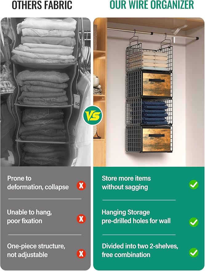 Hanging Closet Organizer with Drawers, 4 Tier Metal Closet Organizers and Storage with 4 Hanging Hooks 4 S-Hooks for Wardrobe