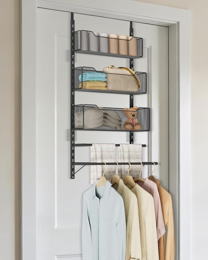 VyGrow Over the Door Storage Organizer with 3 Tier Mesh Baskets 2 Hanging Rods, 2 Mounting Options, Heavy Duty Clothes Hanger