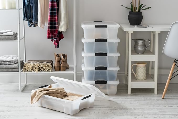 IRIS USA 27 Qt Stackable Plastic Storage Bins with Lids, 6 Pack - BPA-Free, Made in USA - Discreet Organizing Solution, Latch