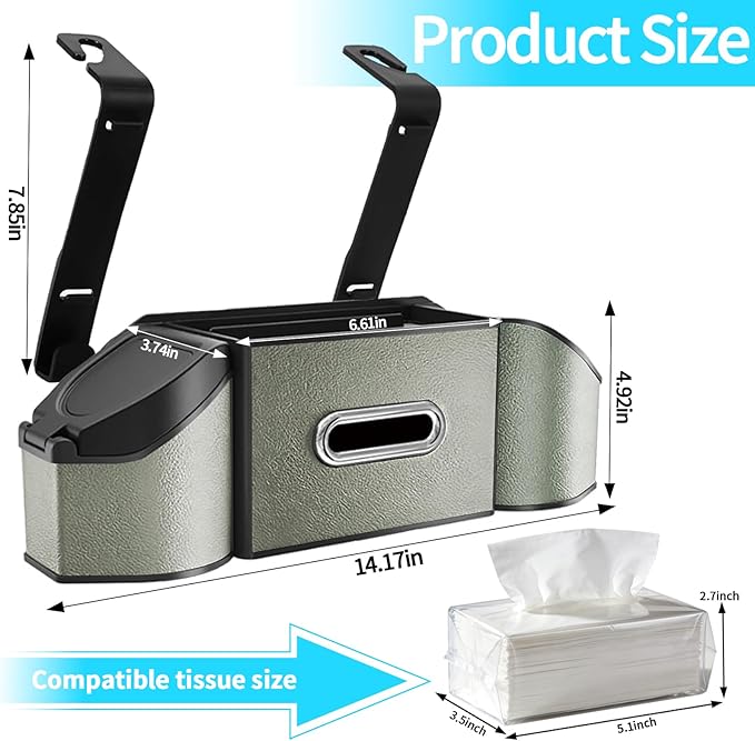7-In-1 Multifunctional Car Seat Back Organizer with Cup Holders, Tissue Box, Garbage Can & Hooks, Headrest Storage & Cup Holder for Backseat (Grey)