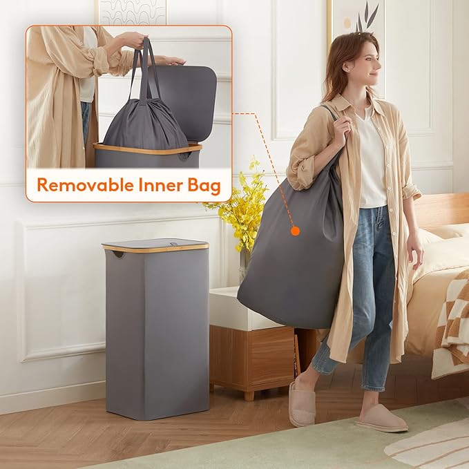Lifewit 100L Laundry Basket with Lid, Clothes Hampers for Laundry with Bamboo Handles and 1 Removable Bag, Large Foldable Lau
