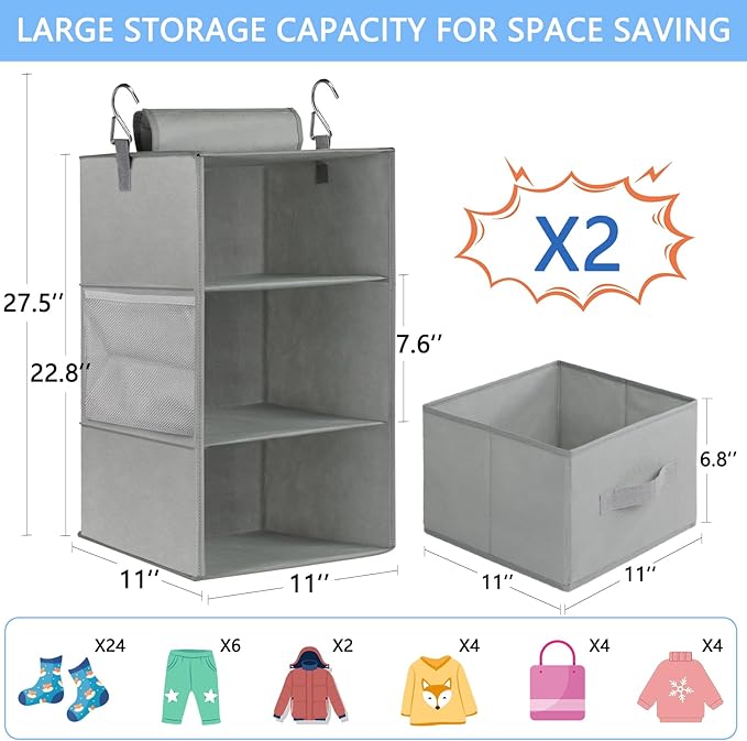 punemi 3-Shelf Hanging Closet Organizer, 2 Pack Closet Hanging Organizer with Drawers, Foldable Hanging Closet Shelves for Rv