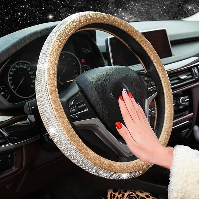 New Diamond Leather Steering Wheel Cover with Bling Bling Crystal Rhinestones, Universal Fit 15 Inch Car Wheel Protector for 